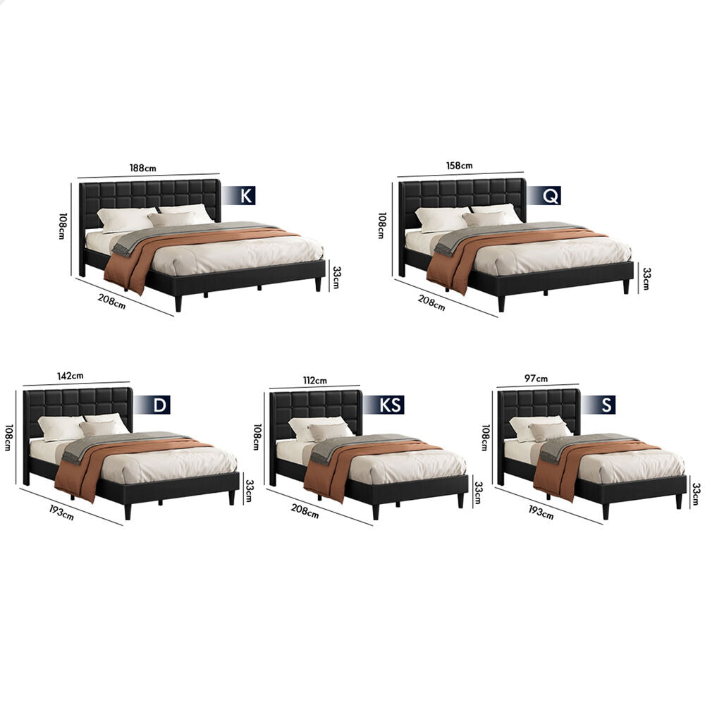 ALFORDSON Bed Frame Single Size Upholstered Wingback Base Black Leather SARAH