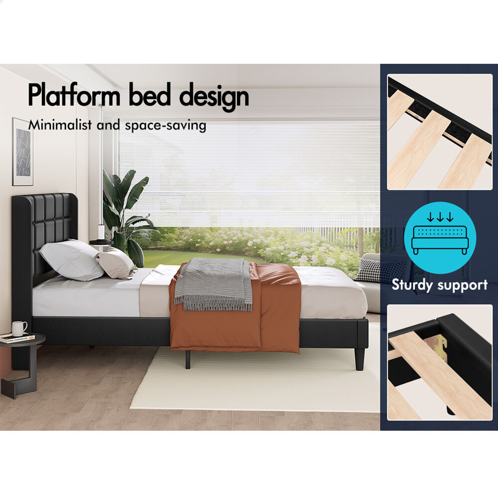 ALFORDSON Bed Frame Single Size Upholstered Wingback Base Black Leather SARAH
