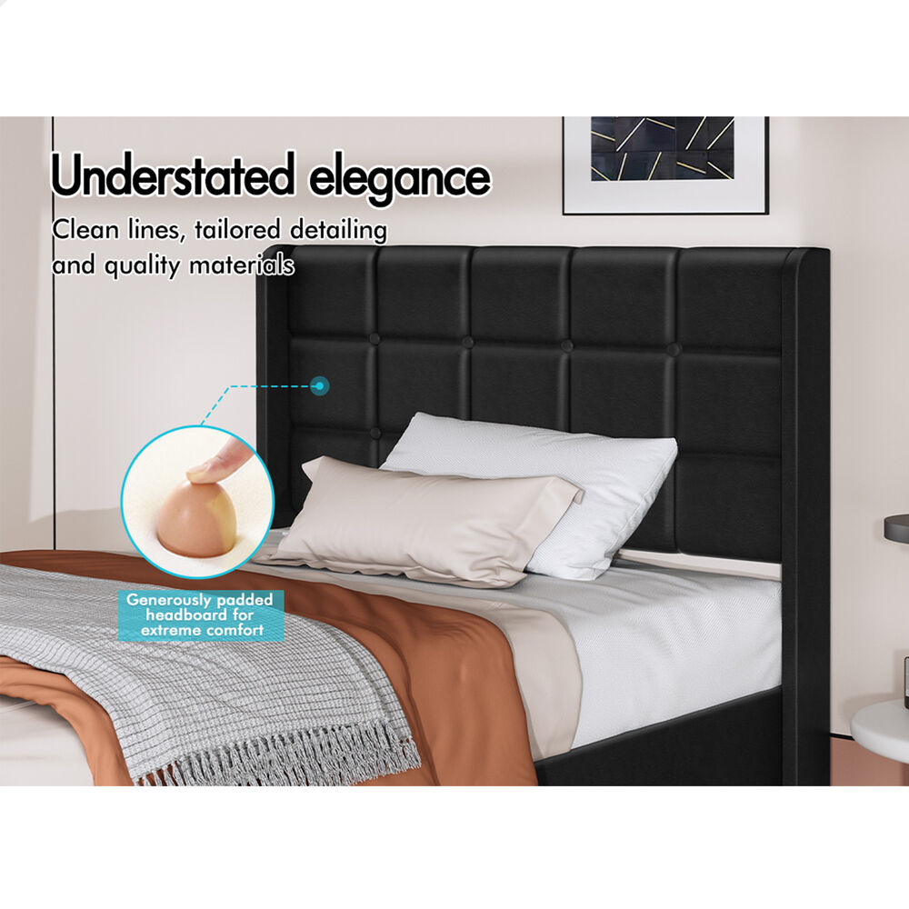 ALFORDSON Bed Frame Single Size Upholstered Wingback Base Black Leather SARAH