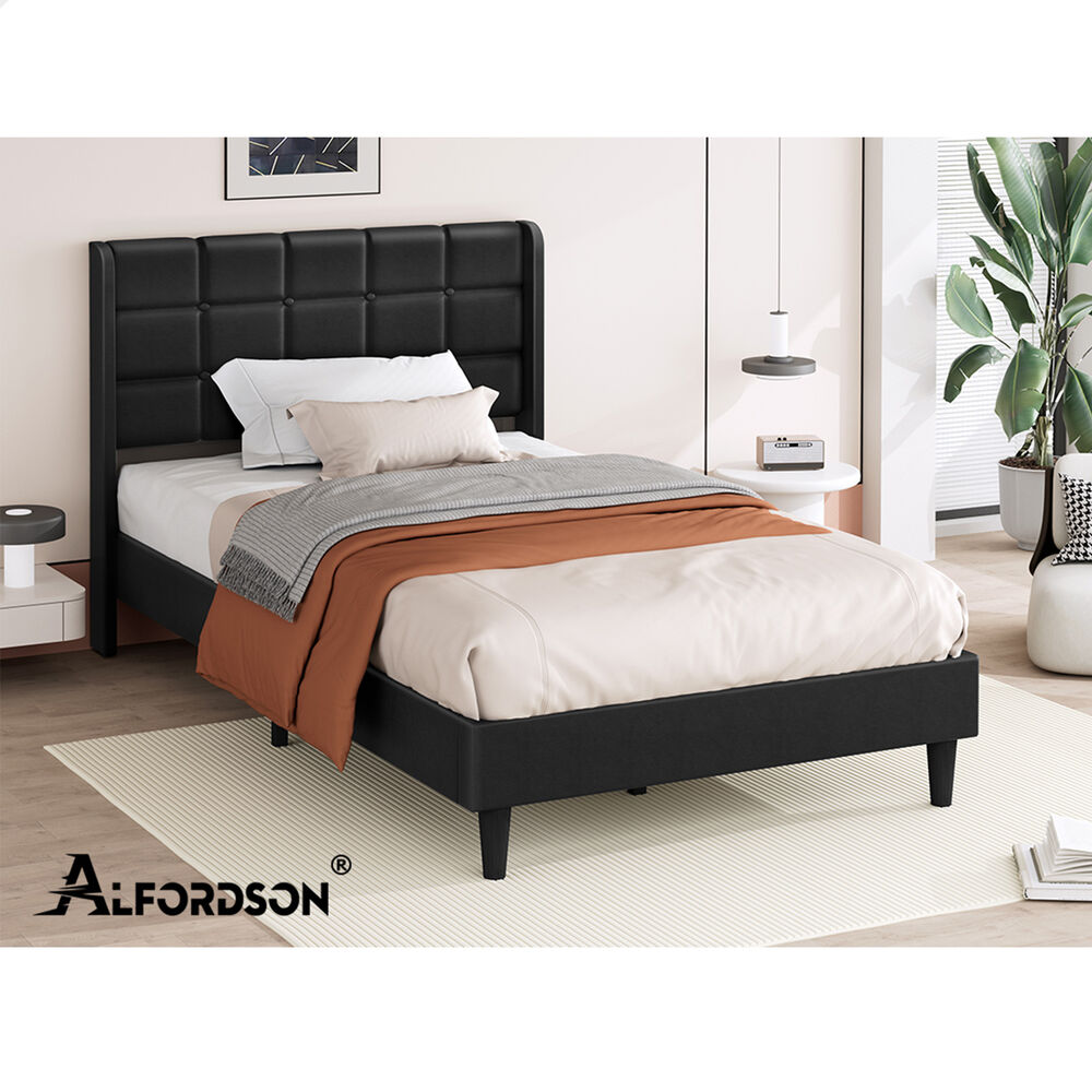 ALFORDSON Bed Frame Single Size Upholstered Wingback Base Black Leather SARAH