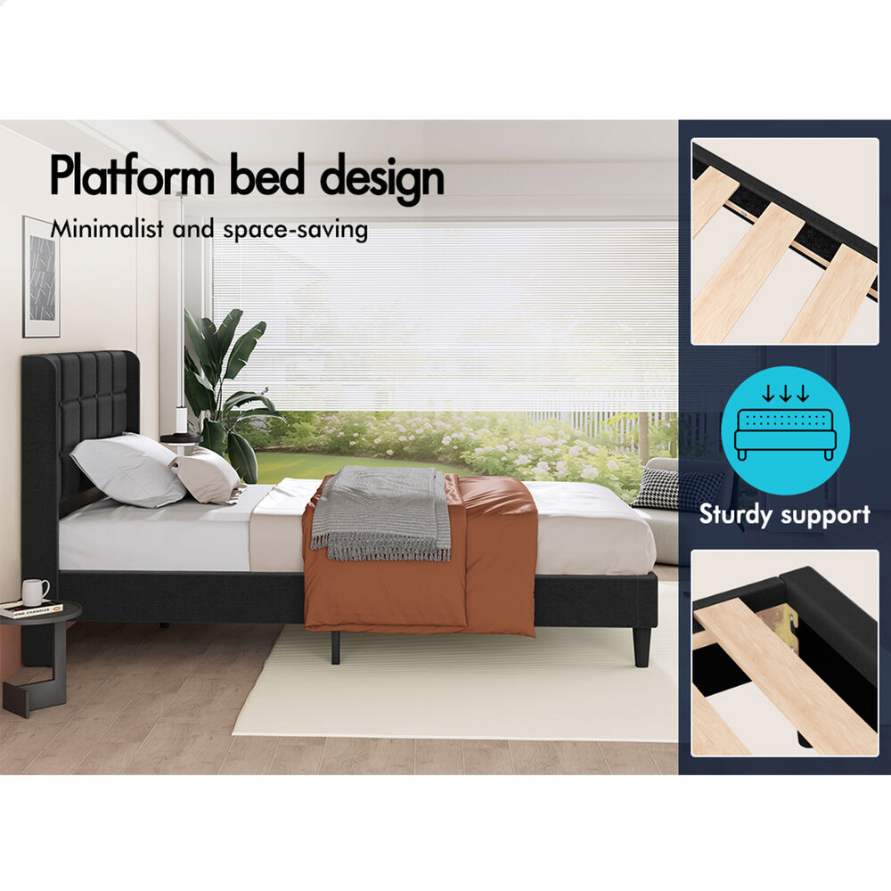 ALFORDSON Bed Frame Single Size Upholstered Wingback Base Charcoal Fabric SARAH