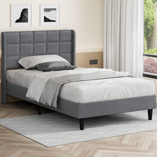 ALFORDSON Bed Frame Single Size Upholstered Wingback Base Wood Fabric Grey SARAH