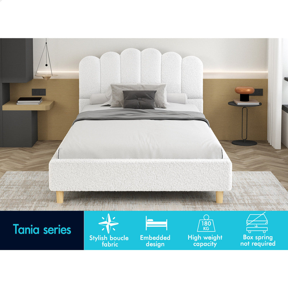 ALFORDSON Bed Frame King Single Upholstered Platform Base White Boucle TANIA