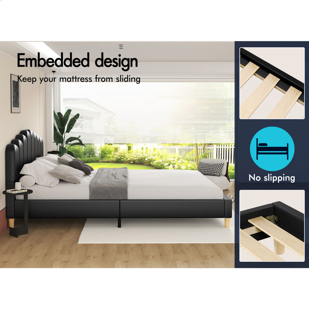 ALFORDSON Bed Frame Queen Size Upholstered Platform Base Leather Black TANIA
