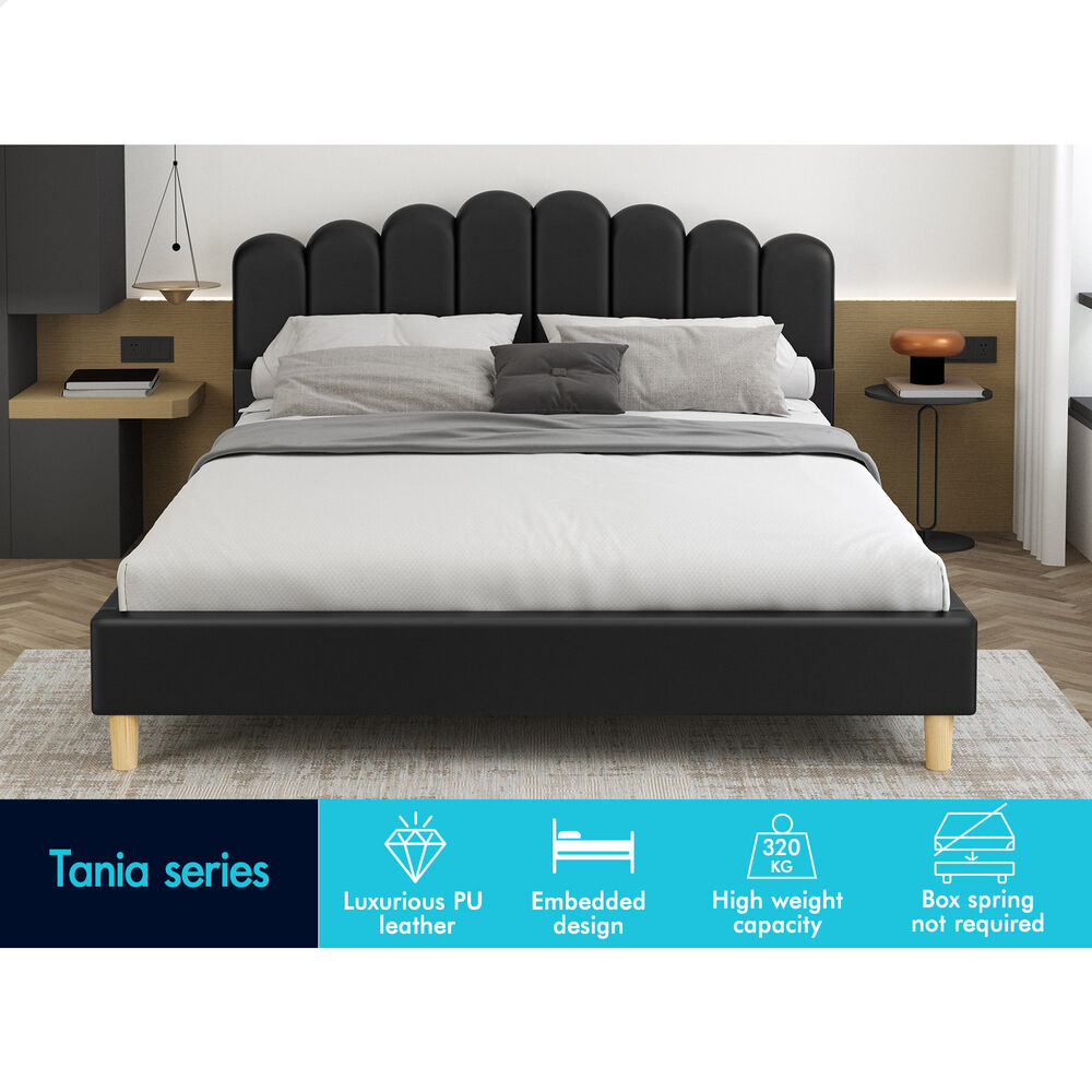 ALFORDSON Bed Frame Queen Size Upholstered Platform Base Leather Black TANIA