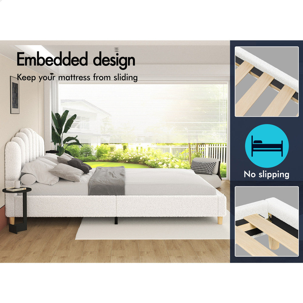 ALFORDSON Bed Frame Queen Size Upholstered Platform Base White Boucle TANIA