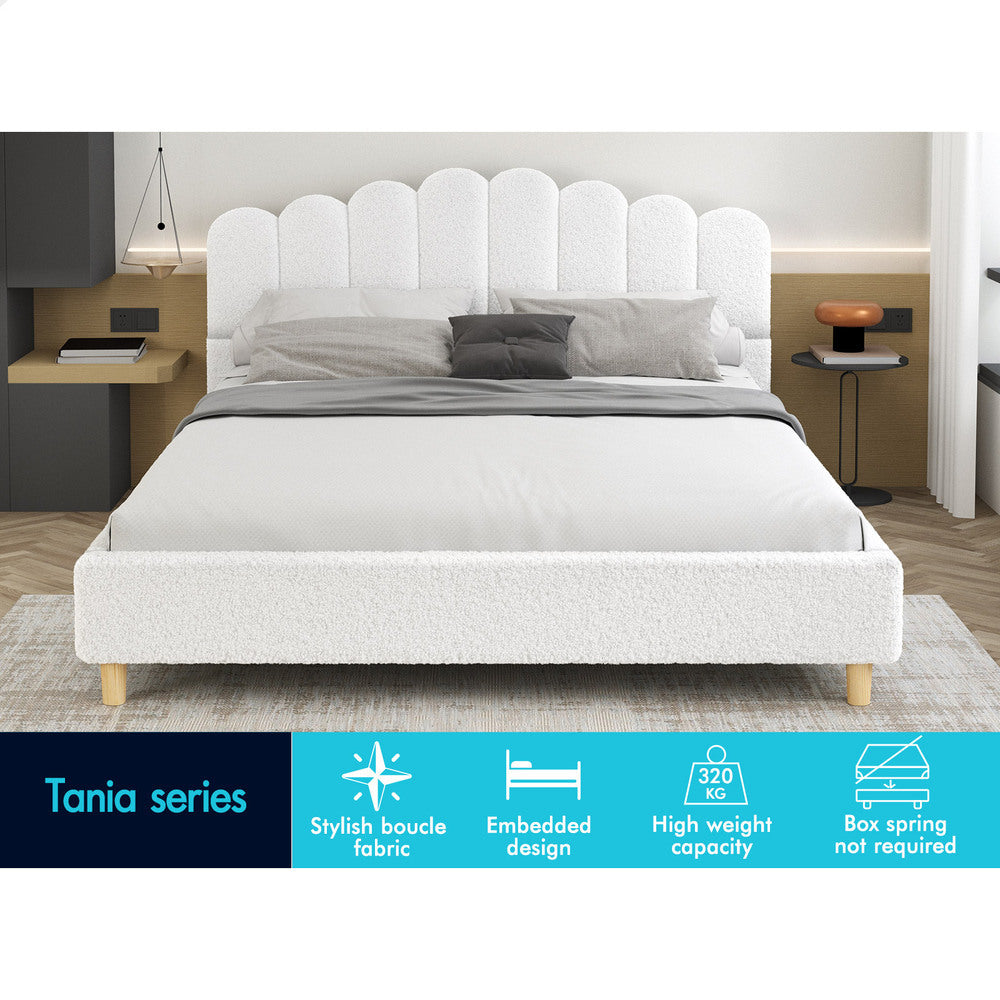 ALFORDSON Bed Frame Queen Size Upholstered Platform Base White Boucle TANIA