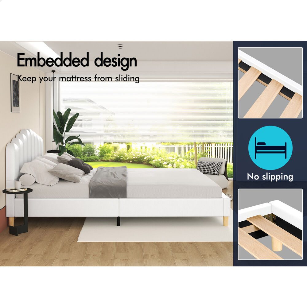 ALFORDSON Bed Frame Queen Size Upholstered Platform Base Leather White TANIA