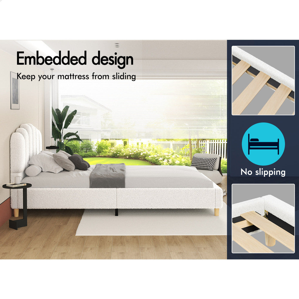 ALFORDSON Bed Frame Single Size Upholstered Platform Base White Boucle TANIA