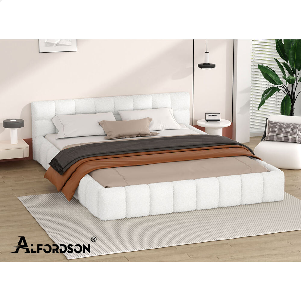 ALFORDSON Bed Frame Double Size Tufted Headboard Foundation White Boucle TALMON