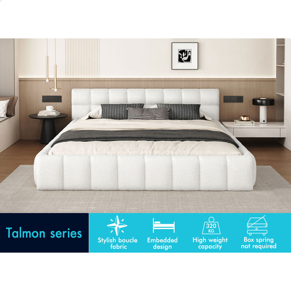 ALFORDSON Bed Frame King Size Tufted Headboard Foundation White Boucle TALMON