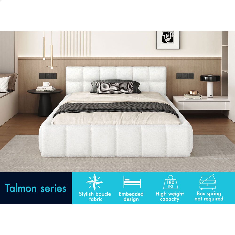 ALFORDSON Bed Frame King Single Tufted Headboard Foundation White Boucle TALMON