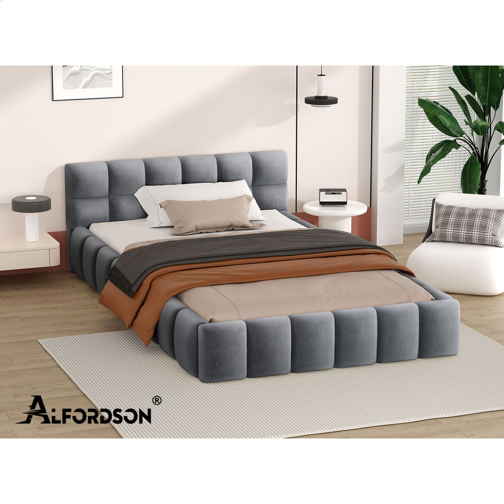 ALFORDSON Bed Frame King Single Tufted Headboard Foundation Grey Velvet TALMON