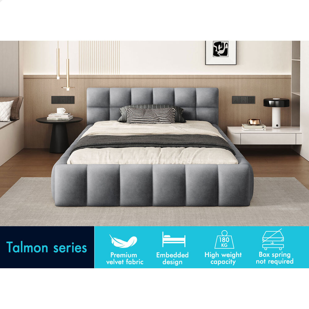 ALFORDSON Bed Frame King Single Tufted Headboard Foundation Grey Velvet TALMON