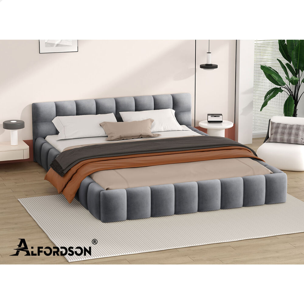 ALFORDSON Bed Frame Queen Size Tufted Headboard Foundation Grey Velvet TALMON