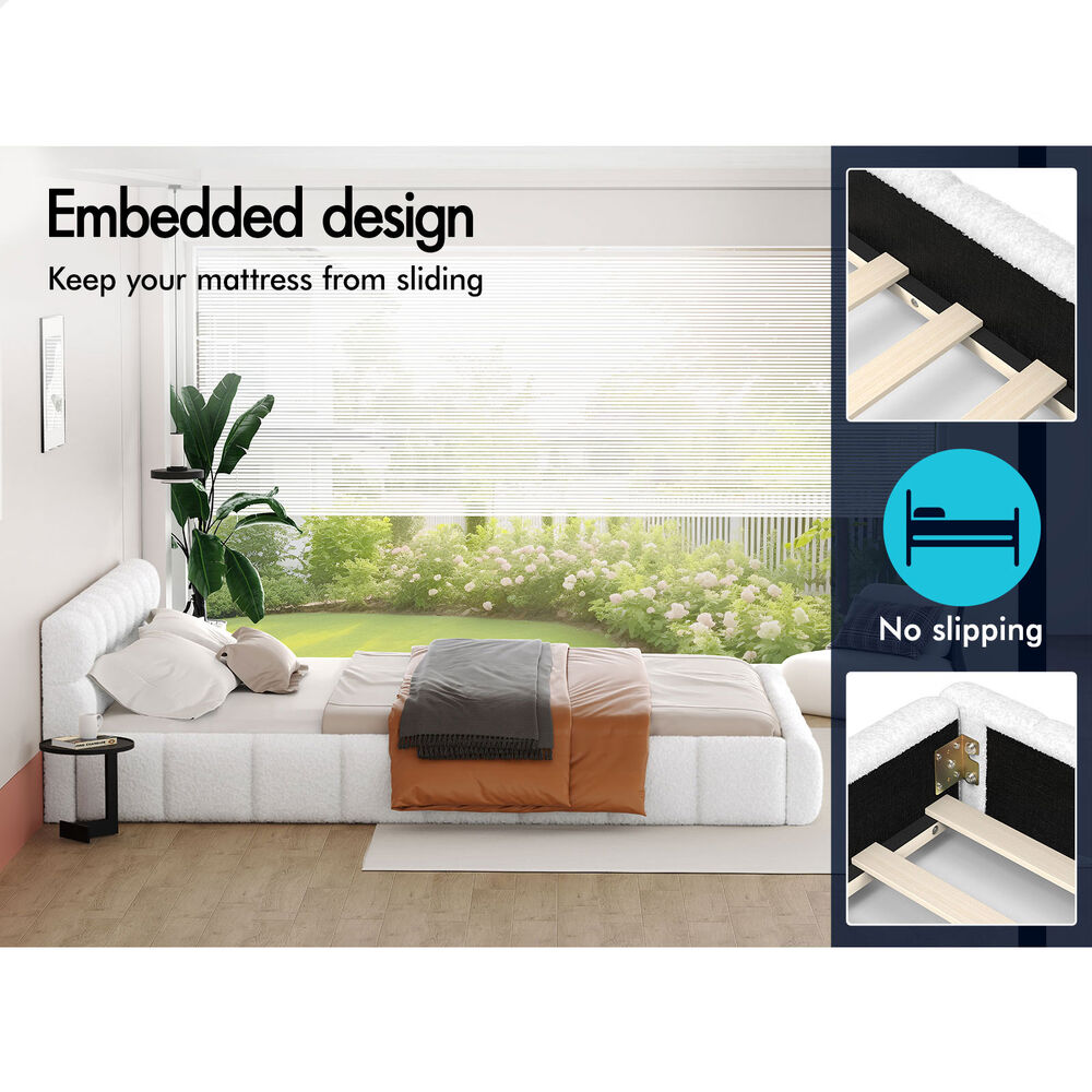 ALFORDSON Bed Frame Single Size Tufted Headboard Foundation White Boucle TALMON