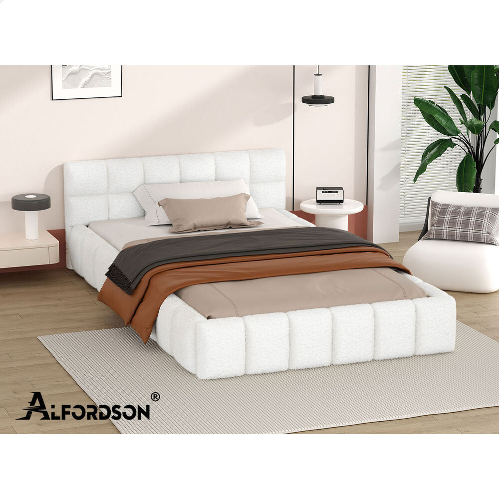 ALFORDSON Bed Frame Single Size Tufted Headboard Foundation White Boucle TALMON