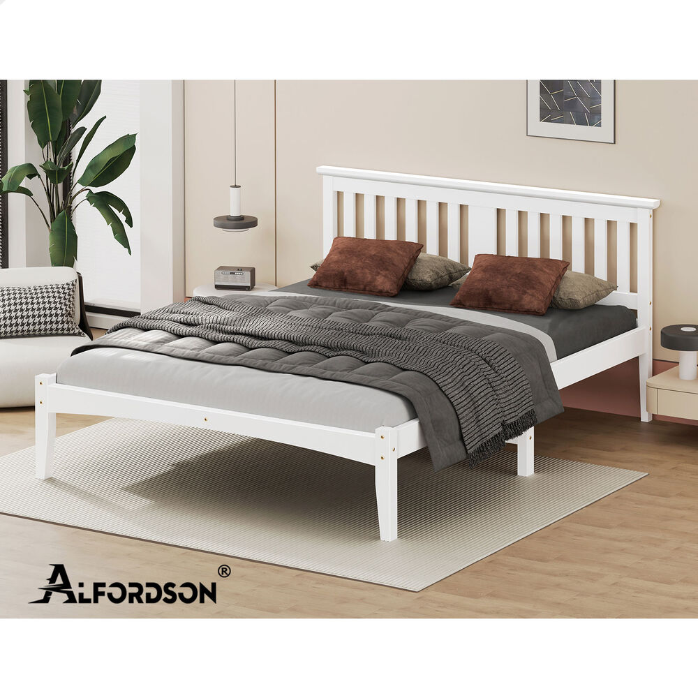 ALFORDSON Bed Frame Wooden Timber Queen Size Mattress Base Platform White ELGIN