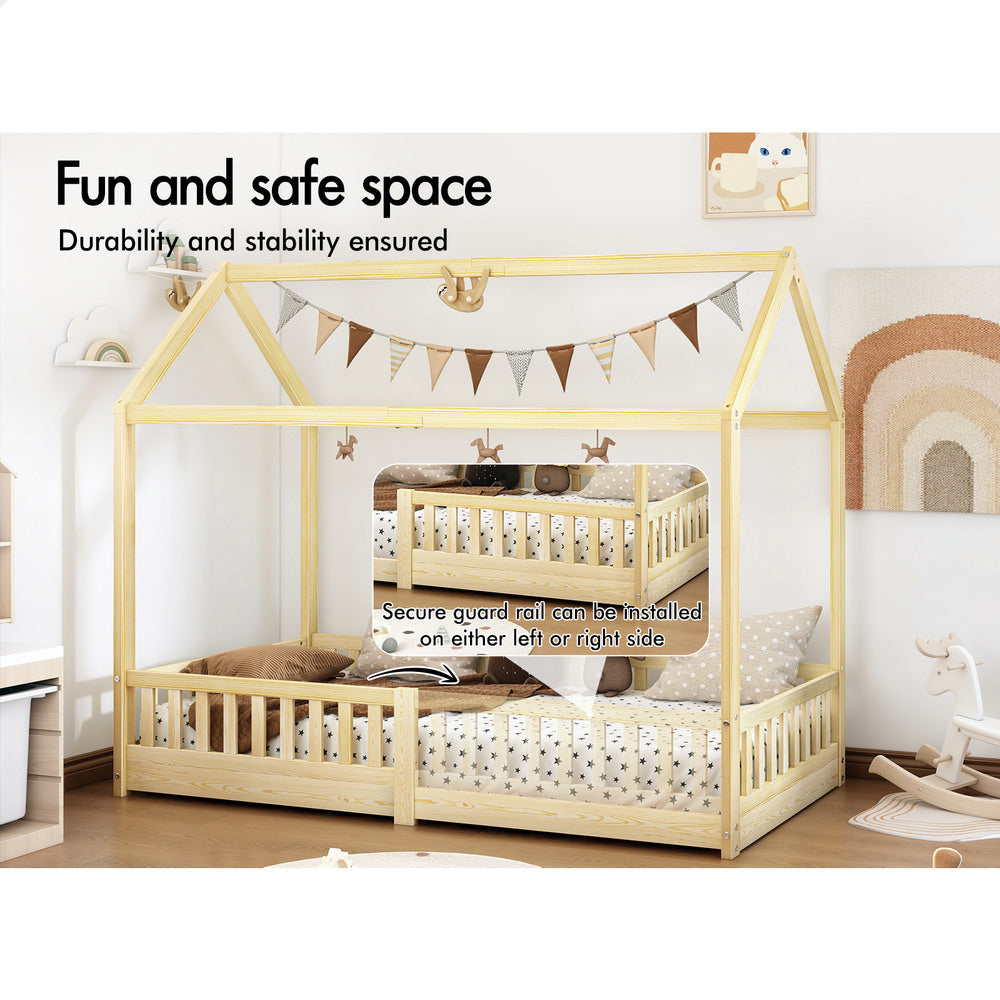 ALFORDSON Kids Bed Frame Wooden Timber Single House Frame Platform Base with Security Rail Oak