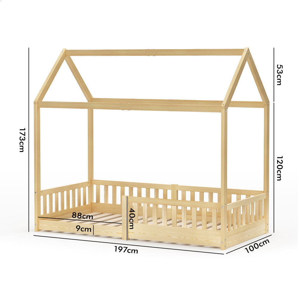 ALFORDSON Kids Bed Frame Wooden Timber Single House Frame Platform Base with Security Rail Oak