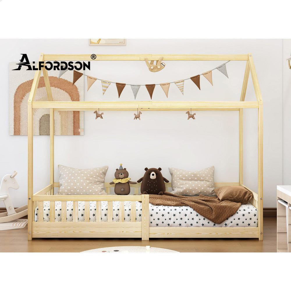 ALFORDSON Kids Bed Frame Wooden Timber Single House Frame Platform Base with Security Rail Oak