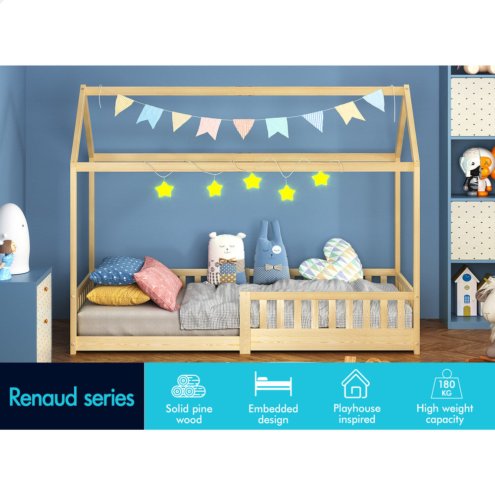 ALFORDSON Kids Bed Frame Wooden Timber Single House Frame Platform Base with Security Rail Oak