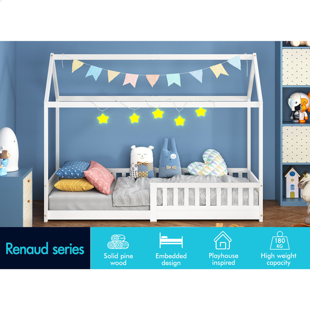 ALFORDSON Kids Bed Frame Wooden Timber Single House Frame Platform Base with Security Rail White