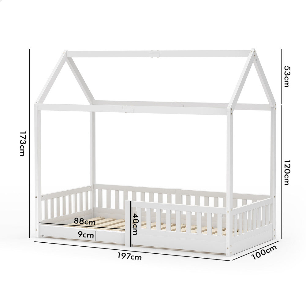 ALFORDSON Kids Bed Frame Wooden Timber Single House Frame Platform Base with Security Rail White