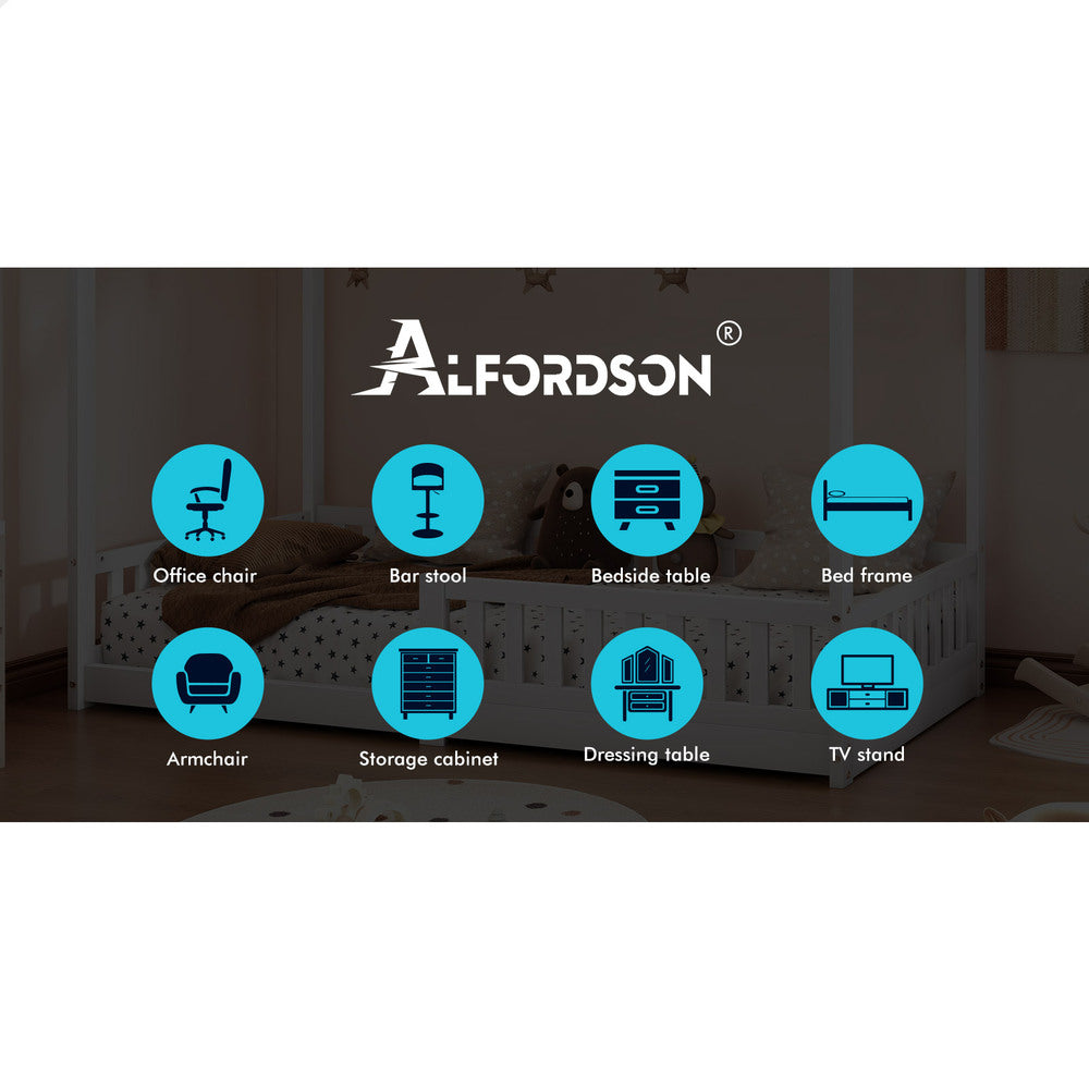 ALFORDSON Kids Bed Frame Wooden Timber Single House Frame Platform Base with Security Rail White