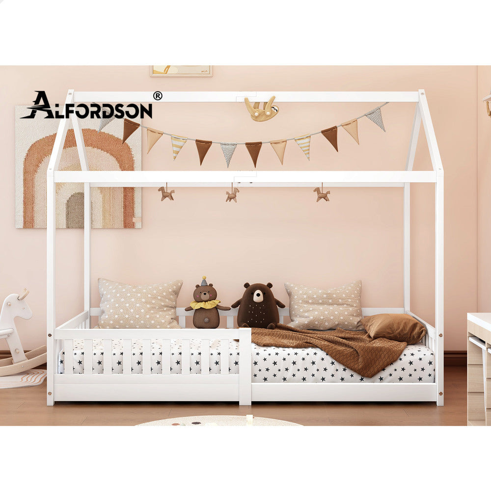 ALFORDSON Kids Bed Frame Wooden Timber Single House Frame Platform Base with Security Rail White