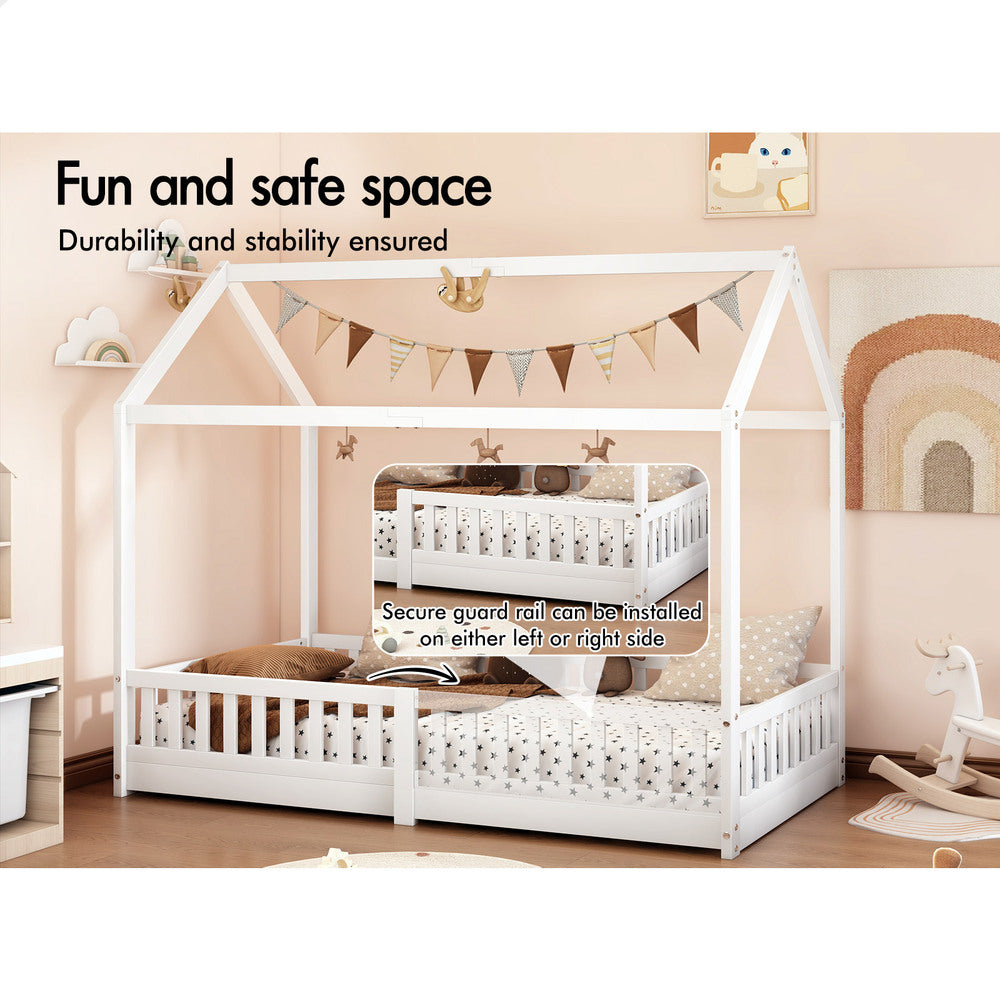 ALFORDSON Kids Bed Frame Wooden Timber Single House Frame Platform Base with Security Rail White