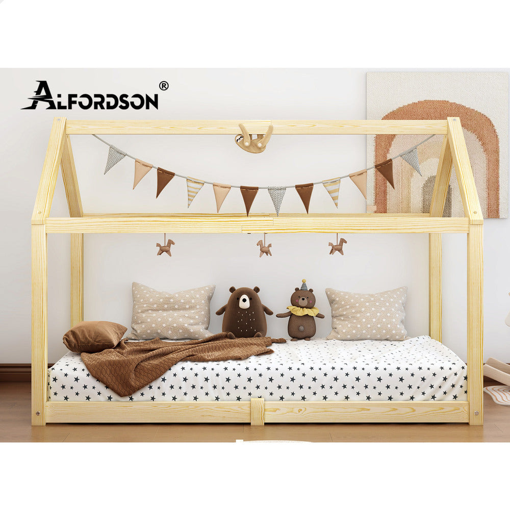 ALFORDSON Kids Bed Frame Wooden Timber Single House Frame Platform Bed Base Oak Rocco
