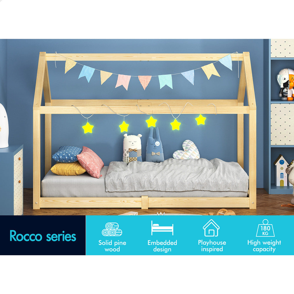 ALFORDSON Kids Bed Frame Wooden Timber Single House Frame Platform Bed Base Oak Rocco