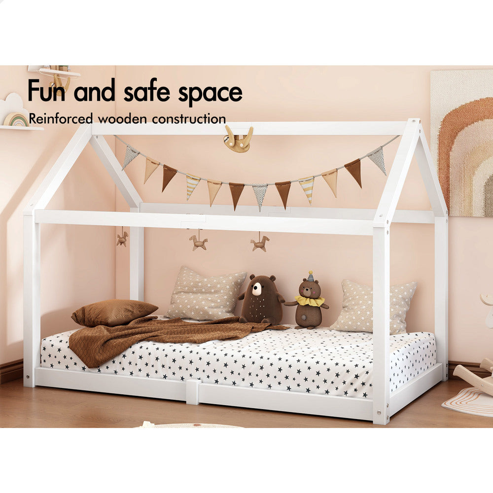 ALFORDSON Kids Bed Frame Wooden Timber Single House Frame Platform Bed Base White Rocco