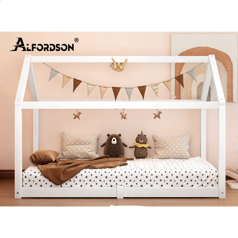 ALFORDSON Kids Bed Frame Wooden Timber Single House Frame Platform Bed Base White Rocco