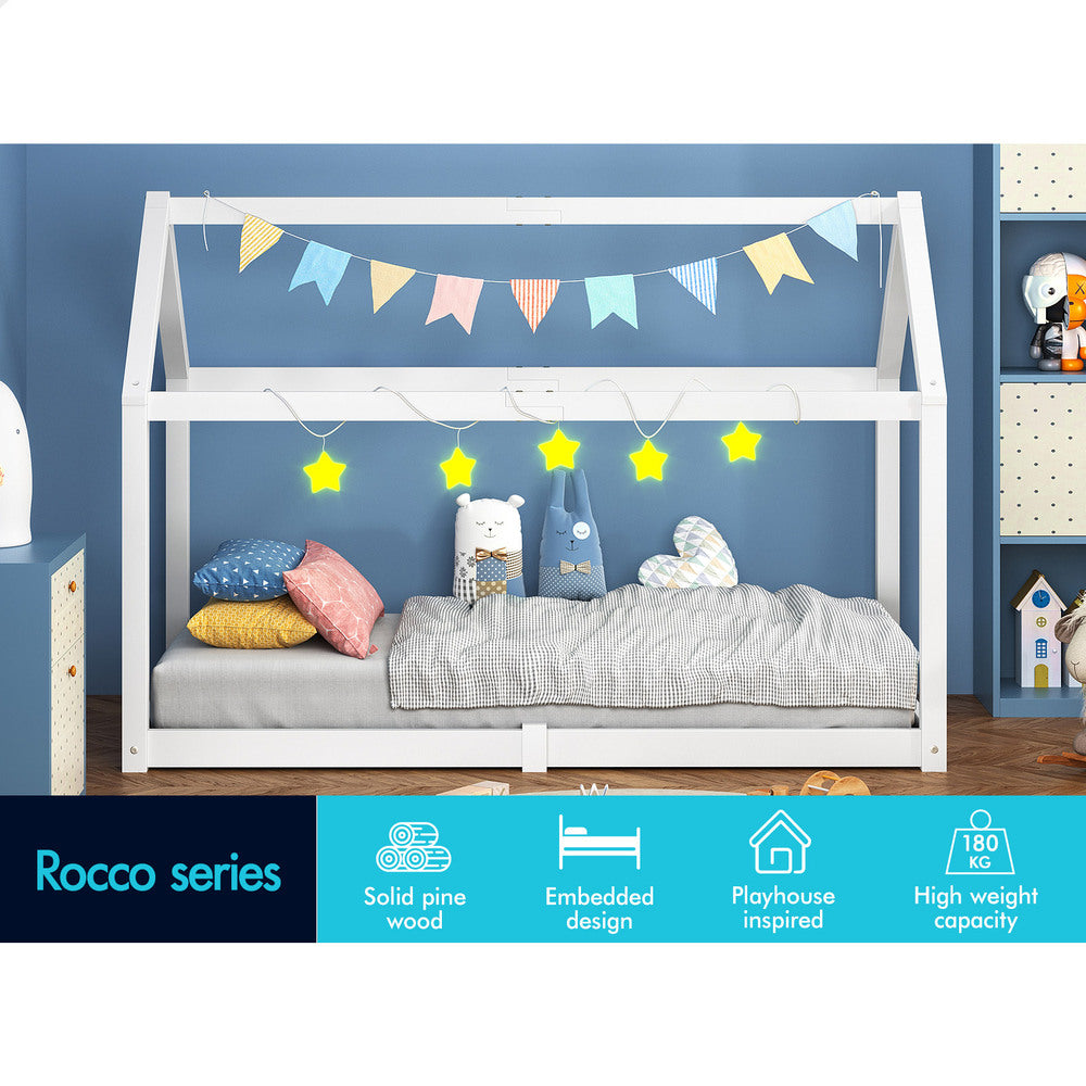 ALFORDSON Kids Bed Frame Wooden Timber Single House Frame Platform Bed Base White Rocco