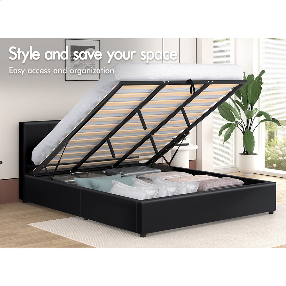 ALFORDSON Bed Frame King Size Gas Lift Storage Base Black Leather TRICIA