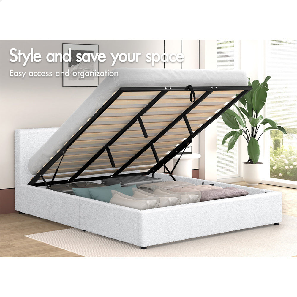 ALFORDSON Bed Frame King Size Gas Lift Storage Base White Boucle TRICIA