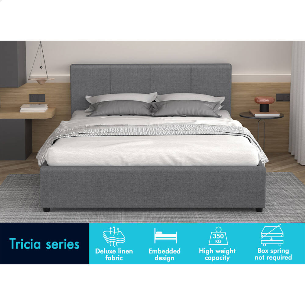 ALFORDSON Bed Frame King Size Gas Lift Storage Base Grey Fabric TRICIA