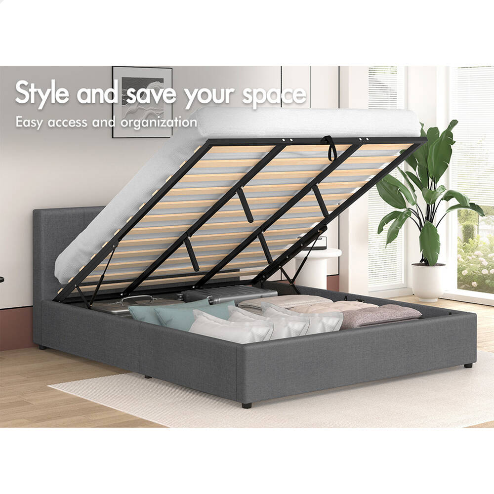 ALFORDSON Bed Frame King Size Gas Lift Storage Base Grey Fabric TRICIA