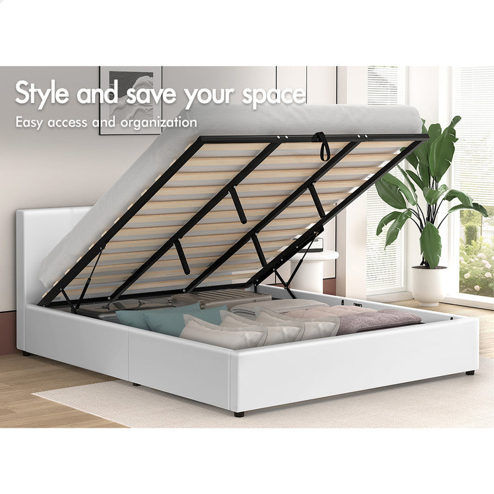ALFORDSON Bed Frame King Size Gas Lift Storage Base White Leather TRICIA