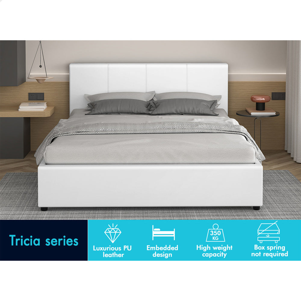 ALFORDSON Bed Frame King Size Gas Lift Storage Base White Leather TRICIA