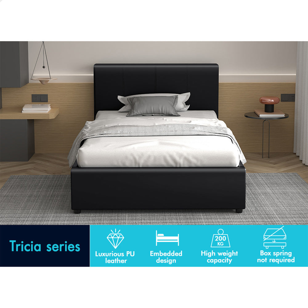 ALFORDSON Bed Frame King Single Gas Lift Storage Base Black Leather TRICIA