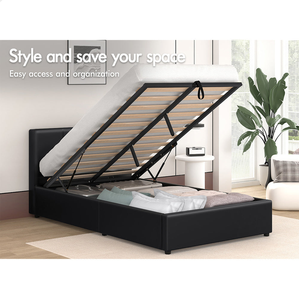 ALFORDSON Bed Frame King Single Gas Lift Storage Base Black Leather TRICIA