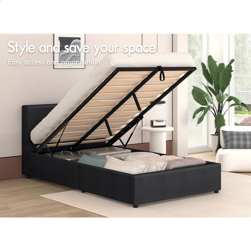 ALFORDSON Bed Frame King Single Gas Lift Storage Base Fabric Charcoal TRICIA