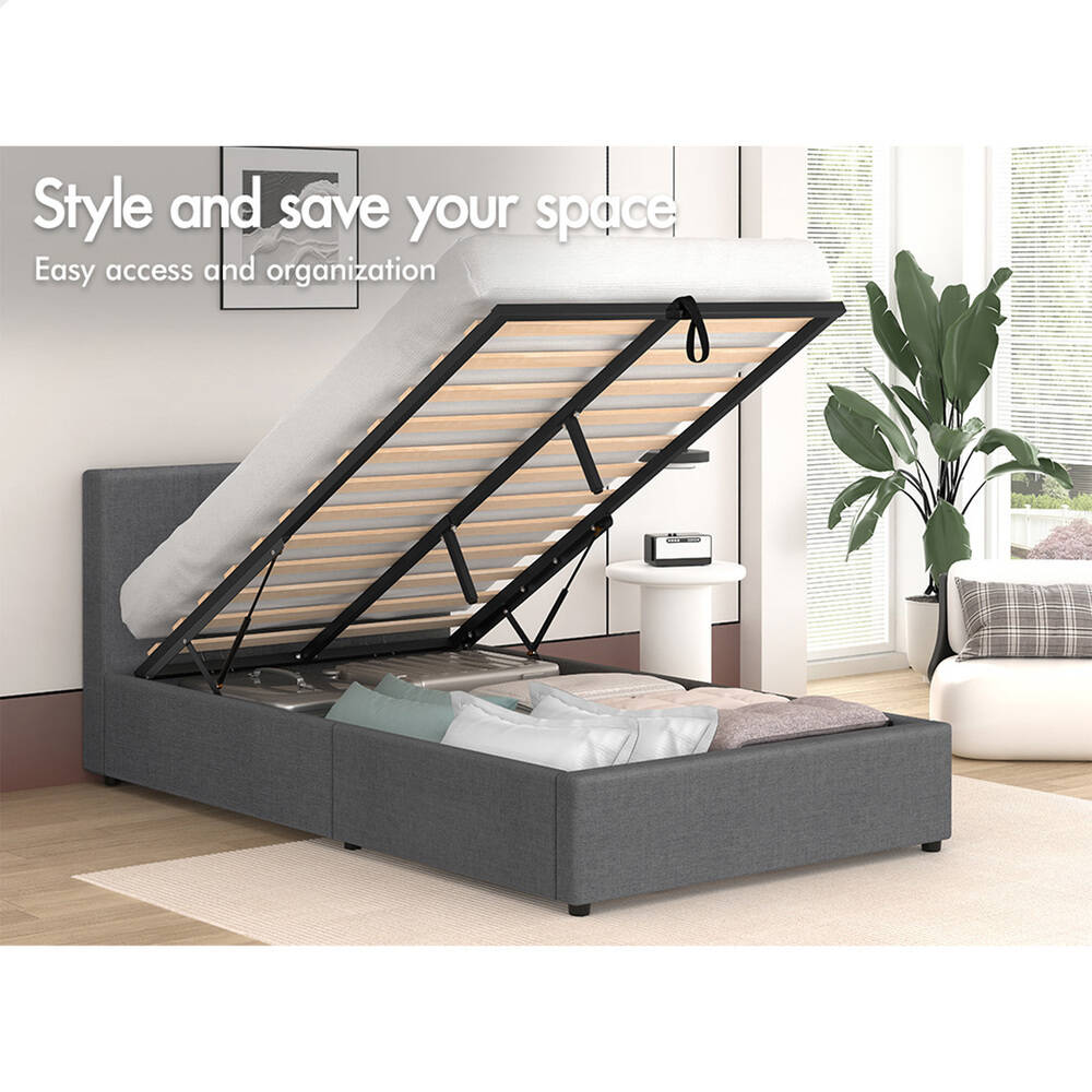 ALFORDSON Bed Frame King Single Gas Lift Storage Base Grey Fabric TRICIA