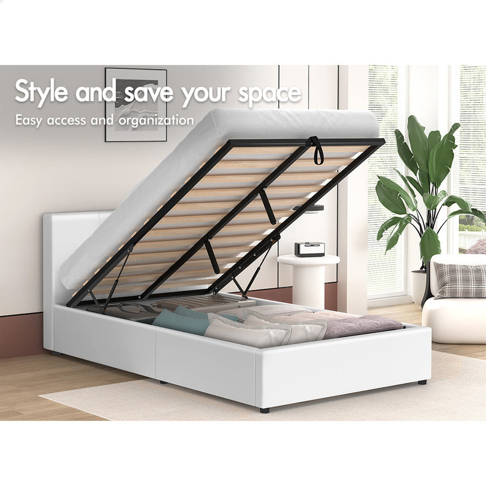 ALFORDSON Bed Frame King Single Gas Lift Storage Base White Leather TRICIA