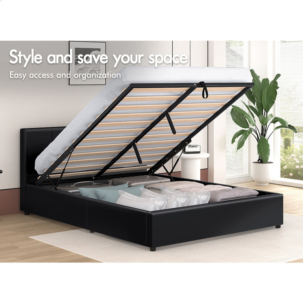 ALFORDSON Bed Frame Queen Size Gas Lift Storage Base Black Leather TRICIA