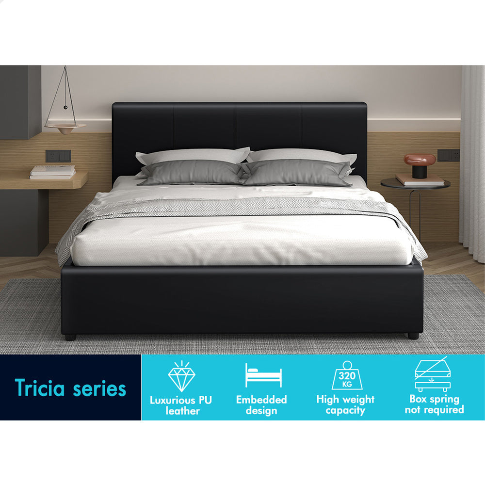 ALFORDSON Bed Frame Queen Size Gas Lift Storage Base Black Leather TRICIA