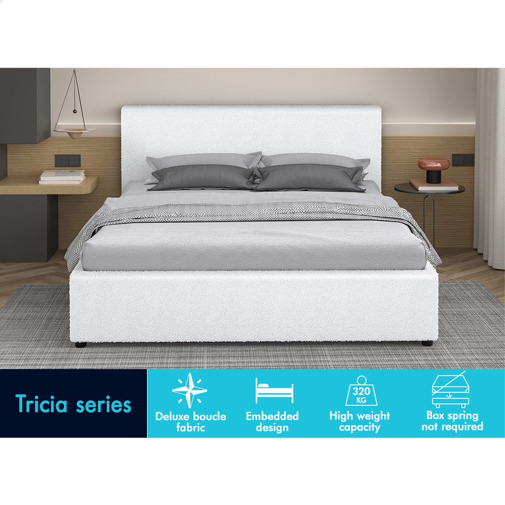ALFORDSON Bed Frame Queen Size Gas Lift Storage Base White Boucle TRICIA
